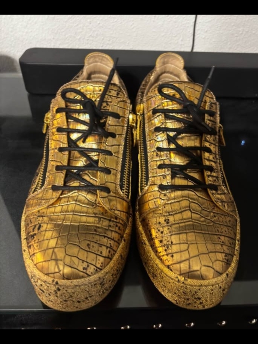 Men's Gold Croc-Embossed Low-Top Sneakers